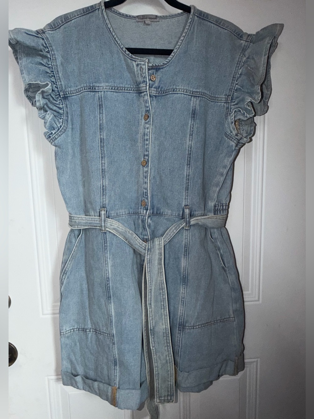 Wishlist Light Blue Denim Romper with Ruffle Sleeves